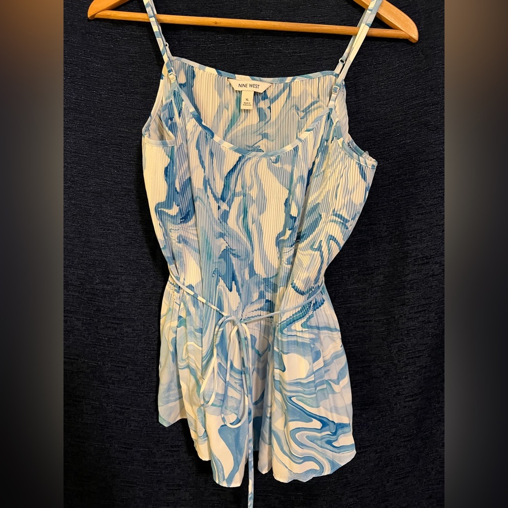 Nine West Blue and White Marble Peplum Top